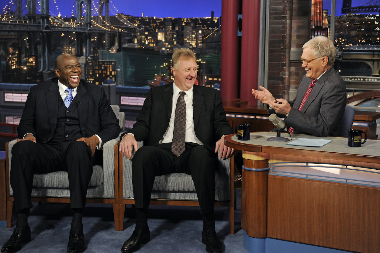 Basketball legends Magic Johnson (left) and Larry Bird (center) talk with Dave (right) about their friendship and their Magic vs. Bird rivalry on the court when they visit the Late Show with David Letterman Wednesday, April 11, 2012 on the CBS Television Network.
