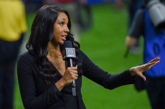 Analyst Maria Taylor reports from the sideline during the Allstate Sugar Bowl College Football Playoff semifinal between Ohio State and Clemson.