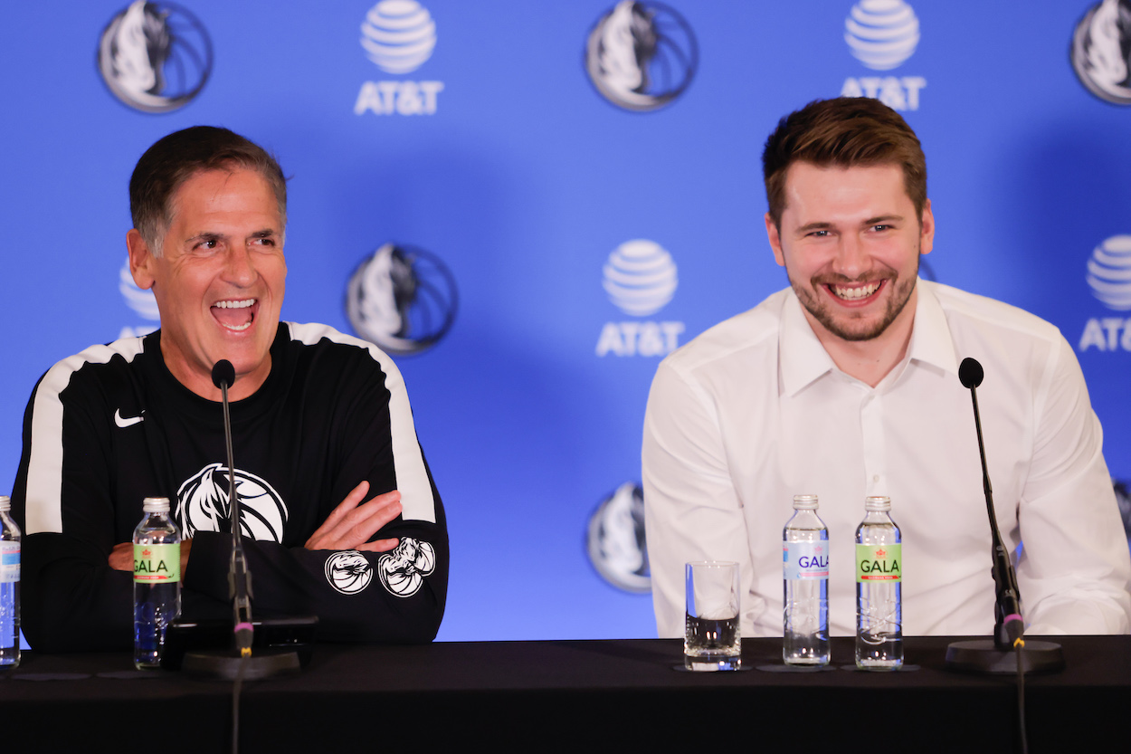 Dallas Mavericks owner Mark Cuban and Luka Doncic address the media at a press conference.