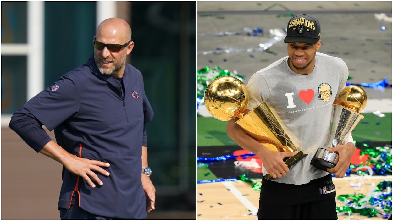 (L-R) Head coach Matt Nagy of the Chicago Bears stands on the field during training camp at Halas Hall on July 29, 2021 in Lake Forest, Illinois; Giannis Antetokounmpo of the Milwaukee Bucks holds the Bill Russell NBA Finals MVP Award and the Larry O'Brien Championship Trophy after defeating the Phoenix Suns in Game Six to win the 2021 NBA Finals at Fiserv Forum on July 20, 2021 in Milwaukee, Wisconsin.