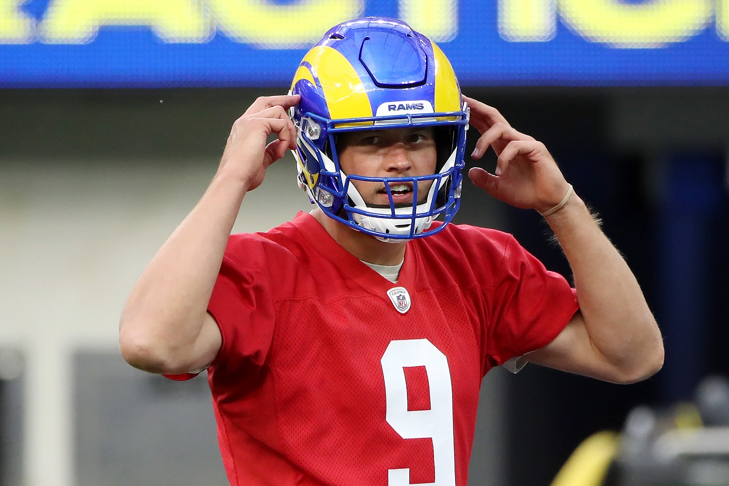 Matthew Stafford of the Los Angeles Rams calls out the play during practice at SoFi Stadium on June 10, 2021.