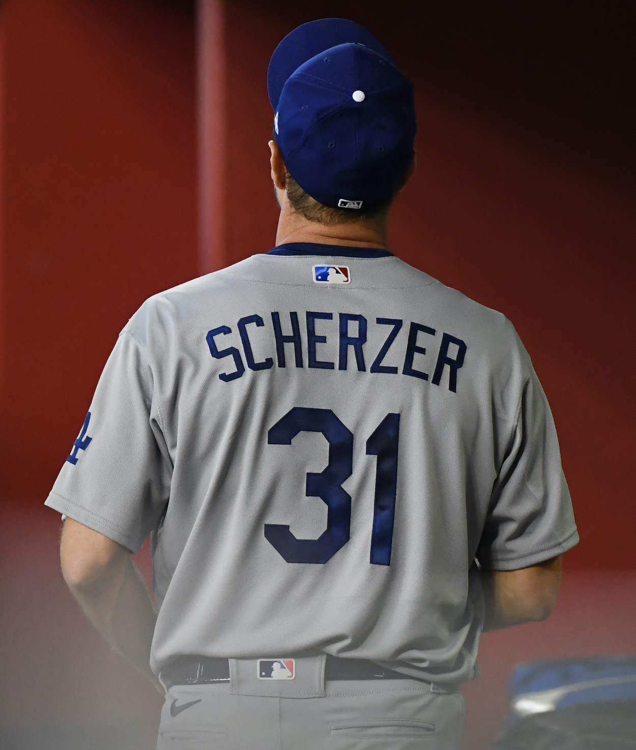 Max Scherzer dawning the Los Angeles Dodgers road uniform.
