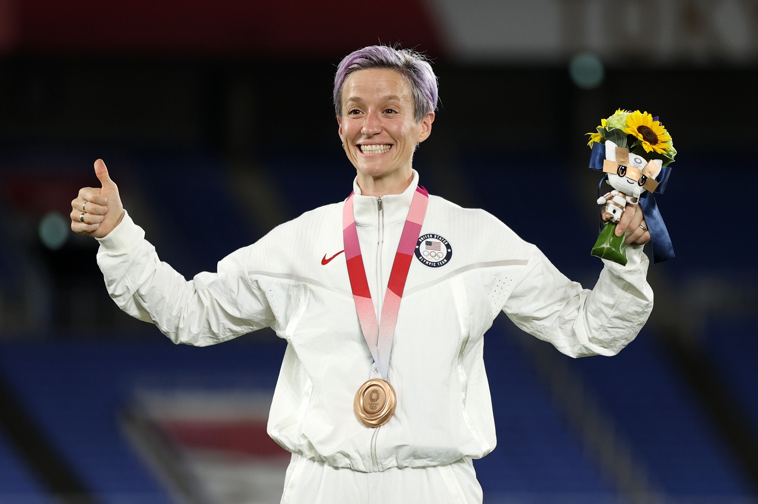 Megan Rapinoe reacts after receiving her bronze medal in the OLympic women's soccer tournament on Aug. 6, 2021.