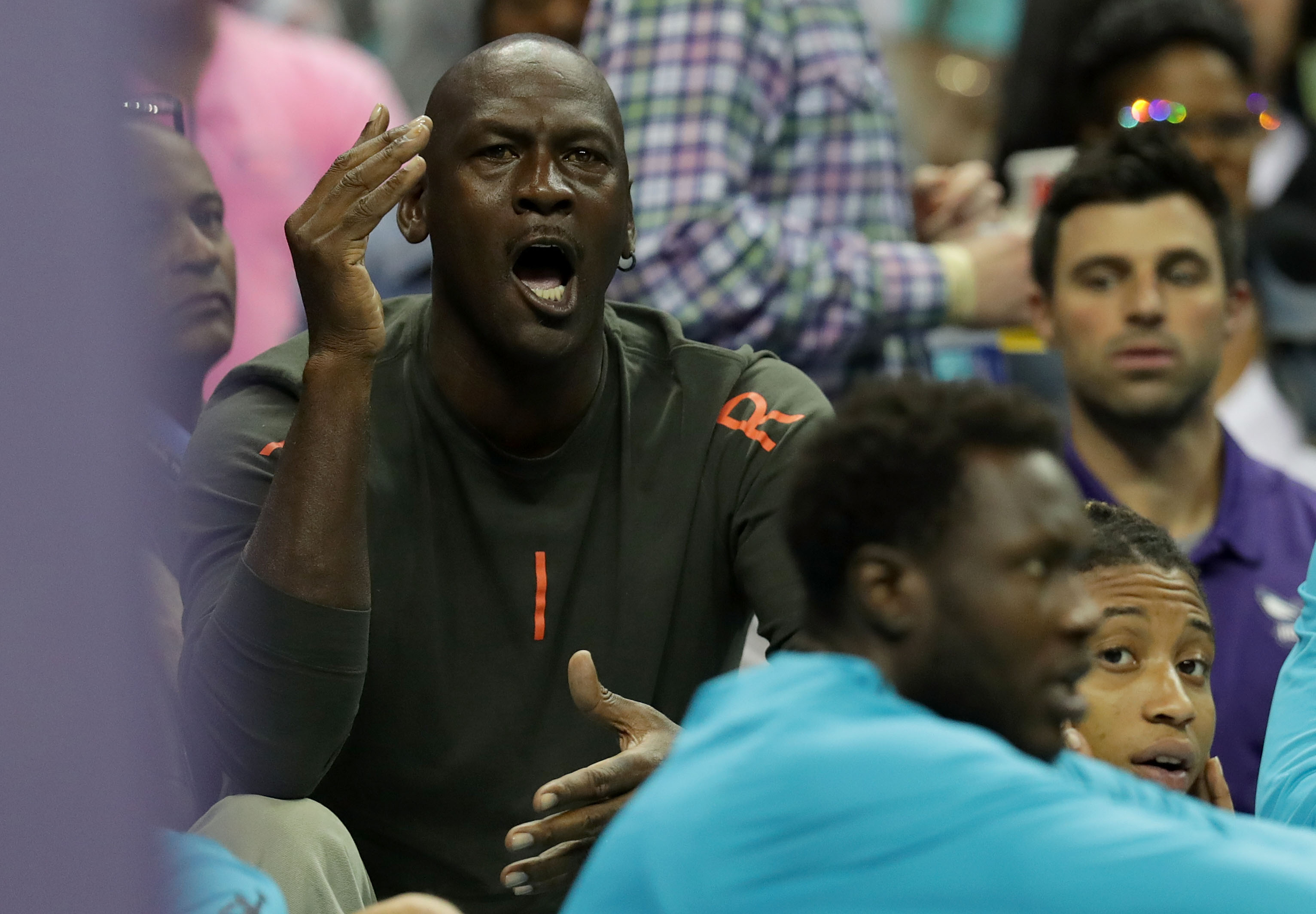 Charlotte Hornets governor Michael Jordan reacts during a game in 2017