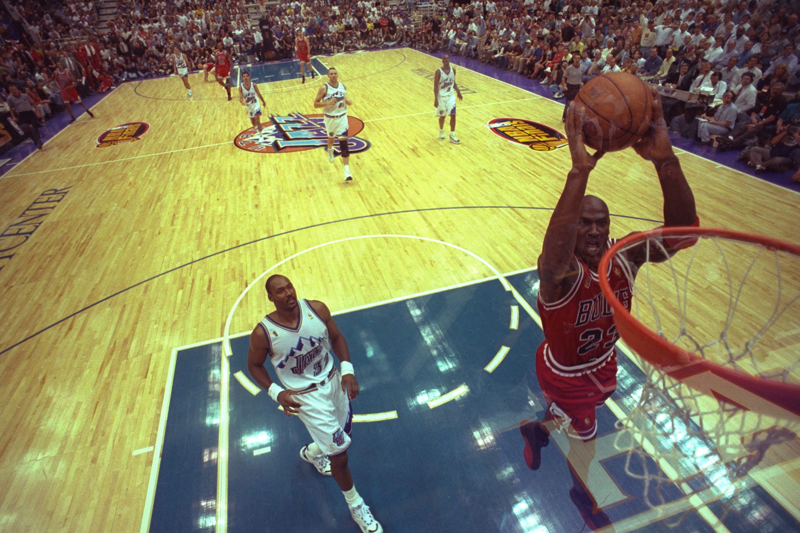 Michael Jordan dunks during the NBA Finals in 1997.