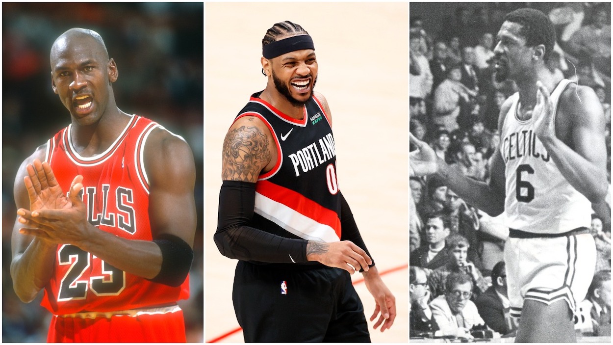 (L-R) Michael Jordan of the Chicago Bulls in 1992; Carmelo Anthony of the Portland Trail Blazers in 2021; Bill Russell of the Boston Celtics in 1969.