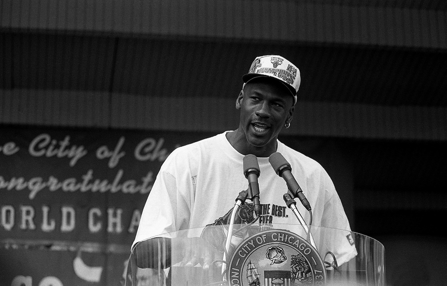 Chicago Bulls star Michael Jordan during a 1996 NBA championship celebration.