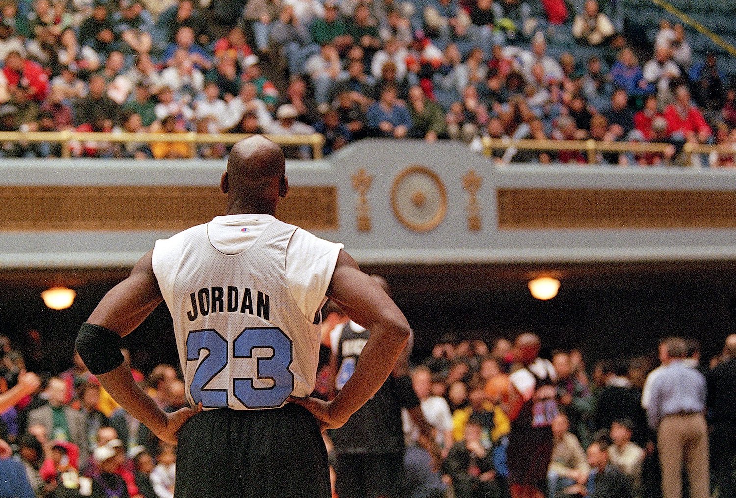 Michael Jordan looks at the crowd during a practice ahead of the 1997 NBA All-Star Game.
