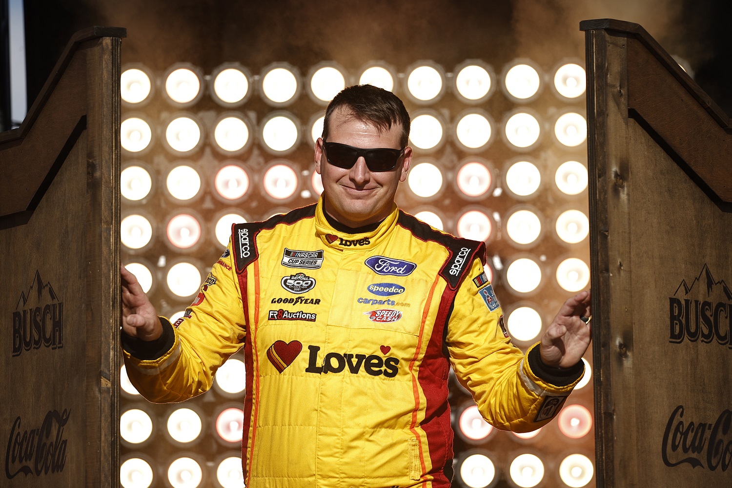 Michael McDowell walks on stage during driver intros before the NASCAR All-Star Race at Texas Motor Speedway on June 13, 2021. | Chris Graythen/Getty Images