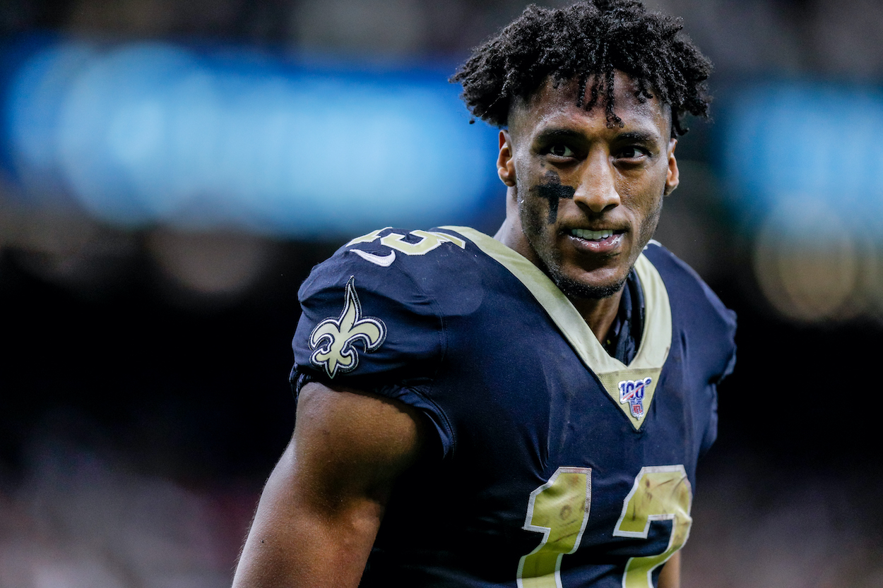 New Orleans Saints wide receiver Michael Thomas smiles to fans against San Francisco 49ers on December 8, 2019 at the Mercedes-Benz Superdome in New Orleans, LA.