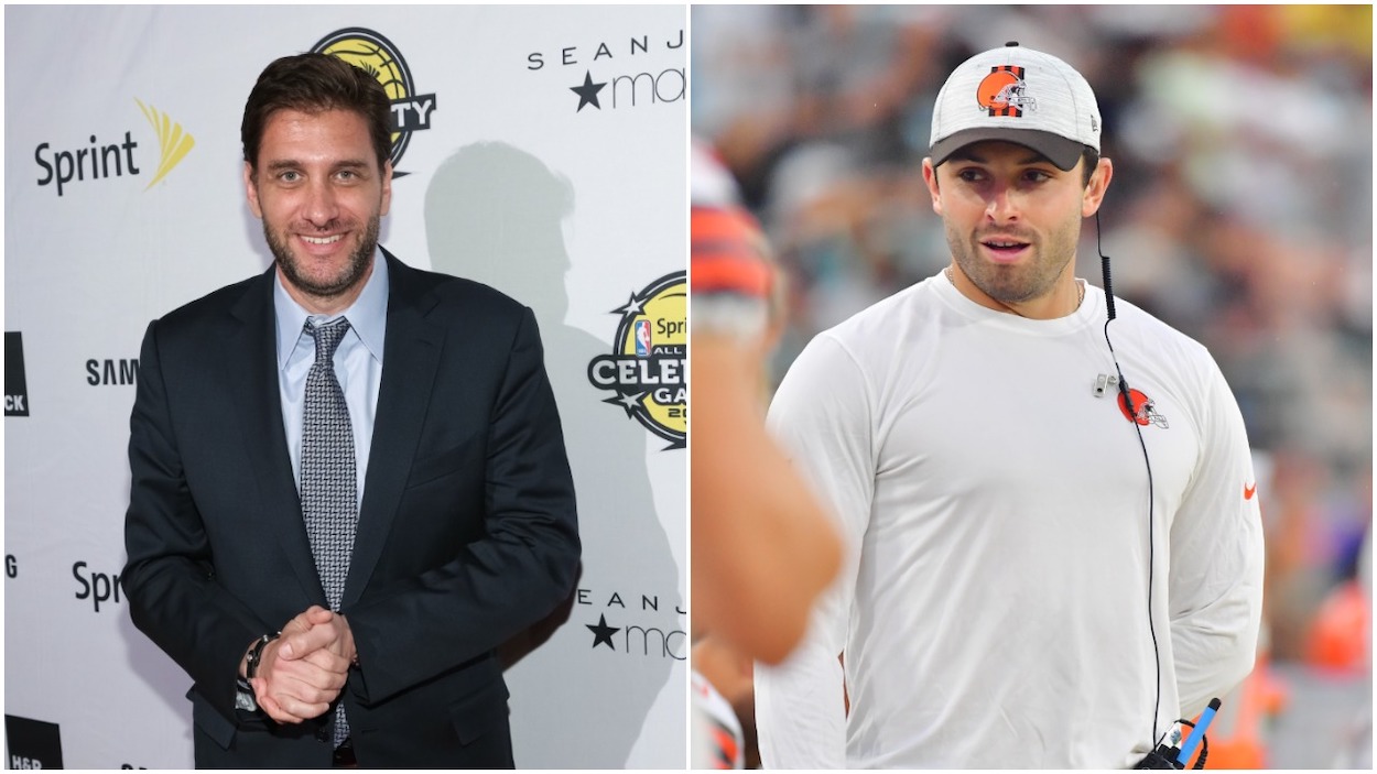 (L-R) ESPN host Mike Greenberg arrives for the NBA All-Star Celebrity Basketball Game 2015 at Madison Square Garden on February 13, 2015 in New York City; Baker Mayfield of the Cleveland Browns looks on from the sidelines during the first half of a preseason game against the Jacksonville Jaguars at TIAA Bank Field on August 14, 2021 in Jacksonville, Florida.