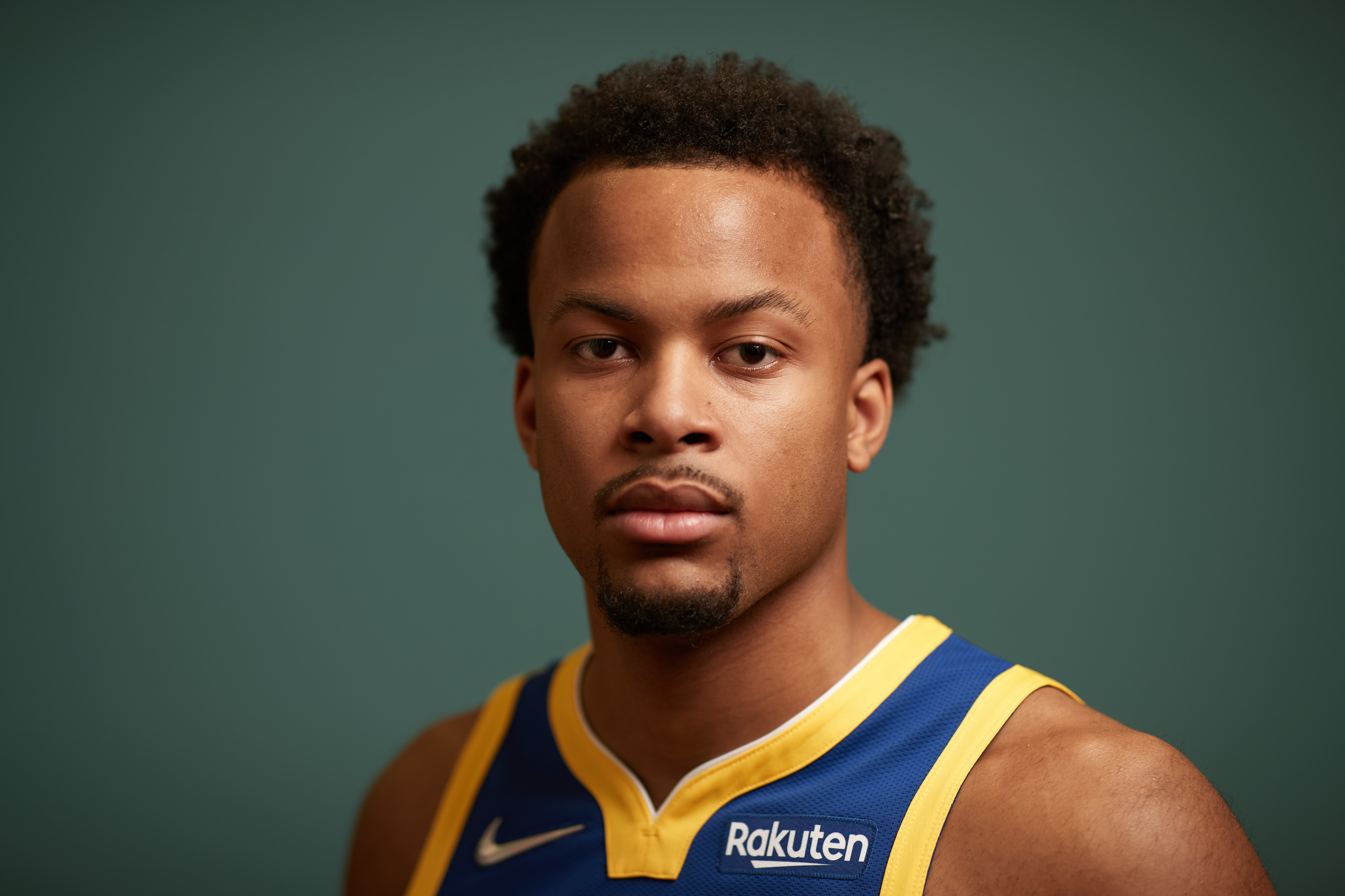 Golden State Warriors rookie Moses Moody poses during his rookie photo shoot