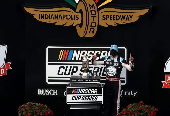 Kevin Harvick celebrates after winning the 2020 NASCAR Cup Series Big Machine Hand Sanitizer 400 Powered by Big Machine Records at Indianapolis Motor Speedway