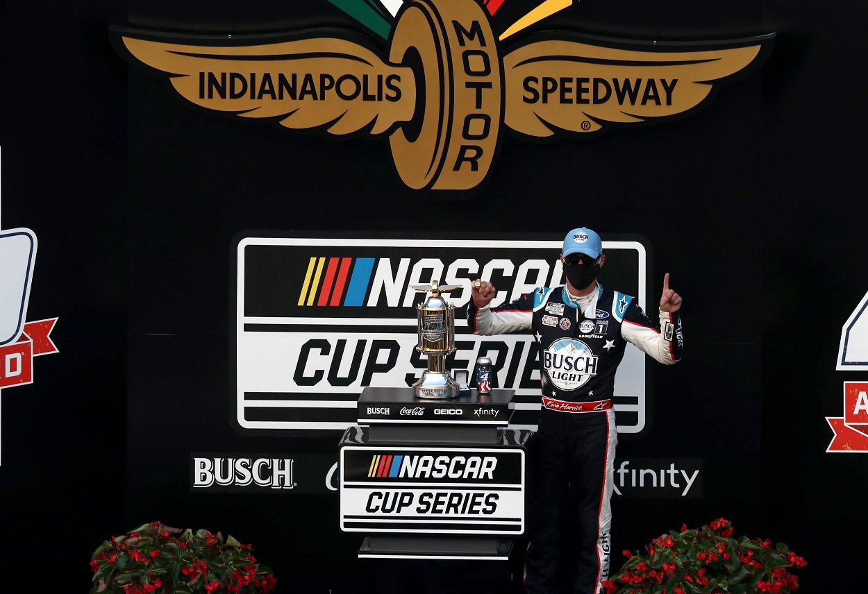 Kevin Harvick celebrates after winning the 2020 NASCAR Cup Series Big Machine Hand Sanitizer 400 Powered by Big Machine Records at Indianapolis Motor Speedway