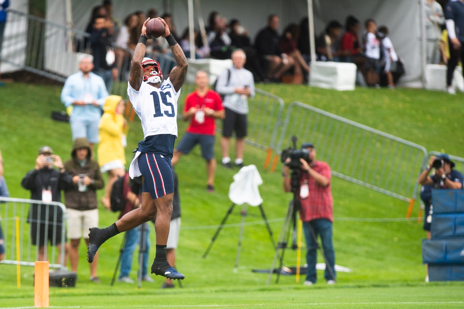 New England Patriots wide receiver N'Keal Harry makes a leaping catch in practice.