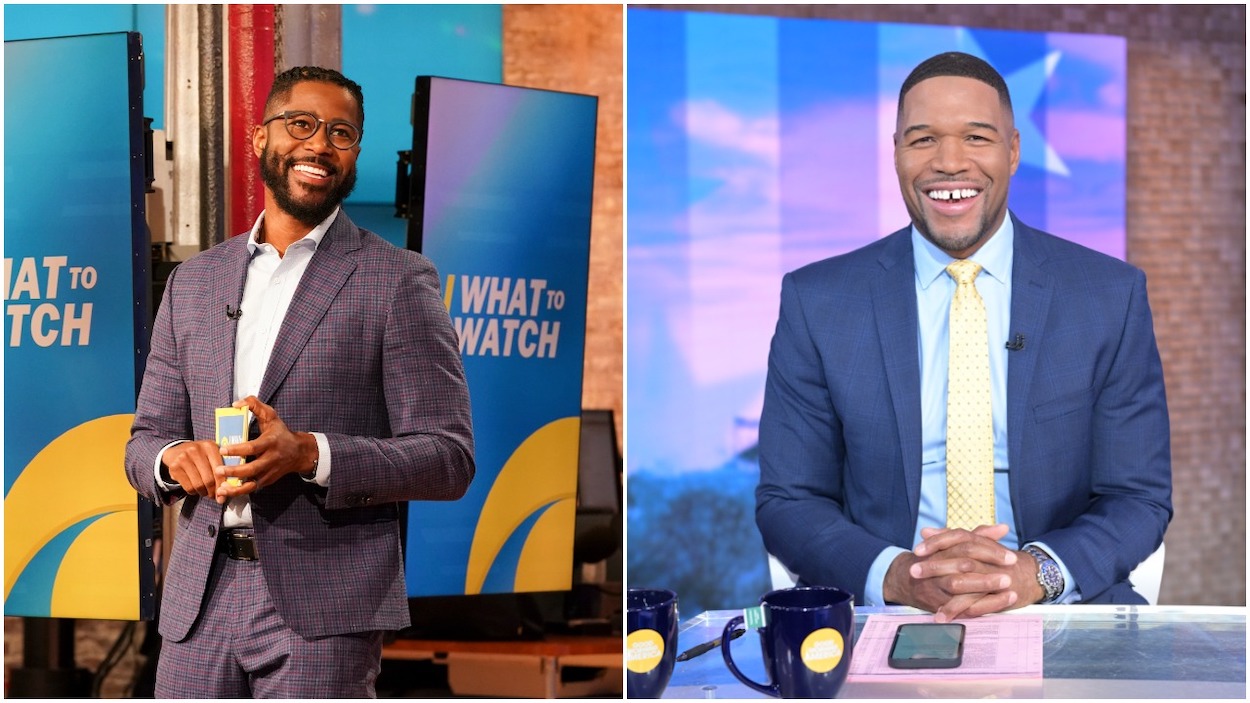 (L-R) Former NFL player Nate Burleson guest-hosts CBS This Morning; Former NFL player Michael Strahan co-hosting Good Morning America.
