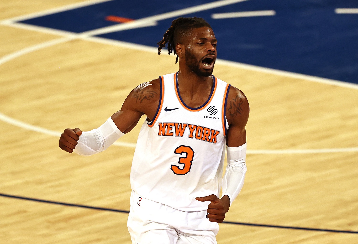 Nerlens Noel of the New York Knicks reacts after he loses control of the ball against the Philadelphia 76ers at Madison Square Garden on March 21, 2021.