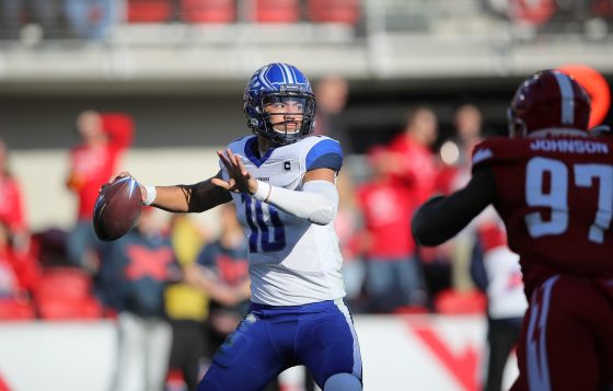 Jordan Ta'amu of the St. Louis BattleHawks passes the ball during the XFL game against the DC Defenders at Audi Field on March 8, 2020.