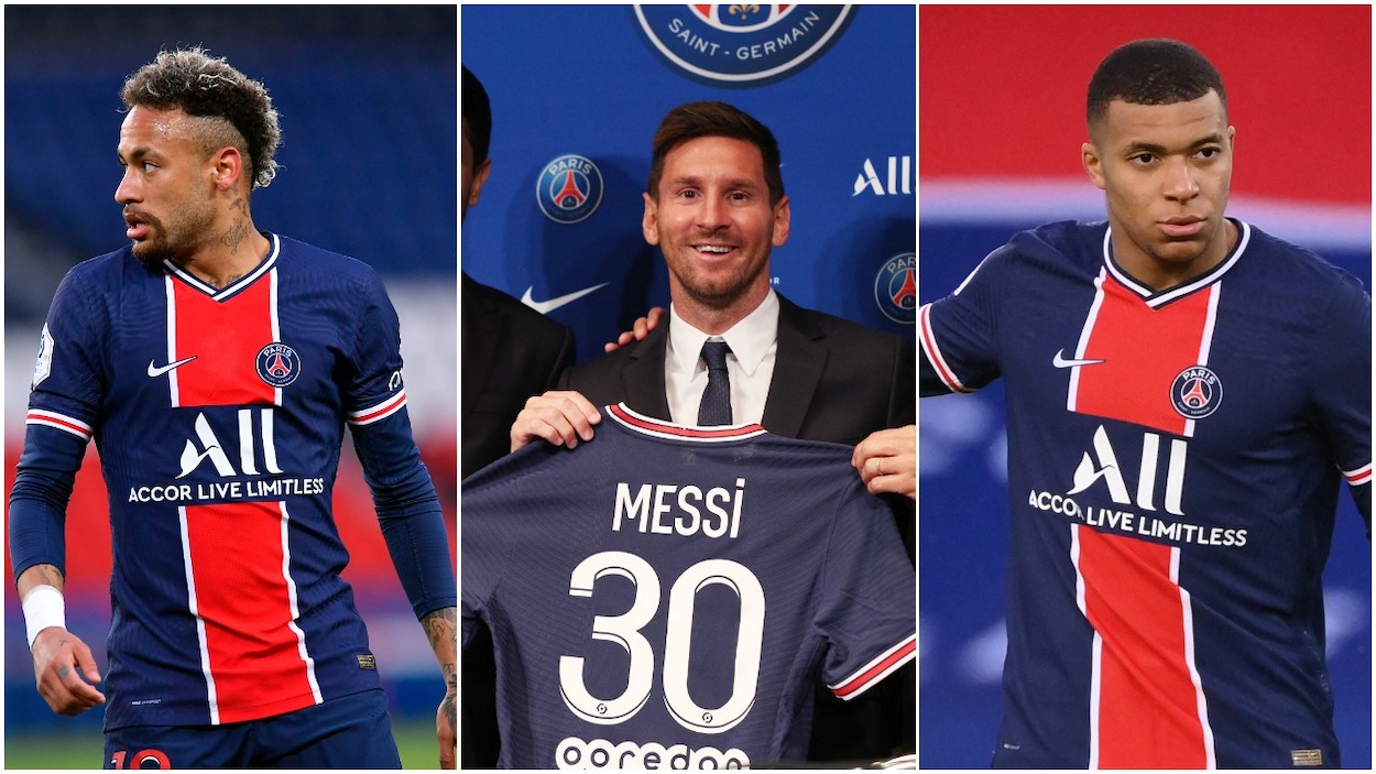 (L-R) Neymar Jr of PSG looks on during the Ligue 1 match between Paris Saint-Germain and Stade Reims at Parc des Princes on May 16, 2021 in Paris, France; Paris Saint-Germain's Argentinian forward Lionel Messi C holds his jersey during his first official press conference as a PSG player in Paris, on Aug. 11, 2021. Messi signed a two-year deal with PSG on Aug. 10, 2021; Paris Saint-Germain's French forward Kylian Mbappe gestures during the French L1 football match between Paris Saint-Germain and Stade de Reims at the Parc des Princes stadium in Paris on May 16, 2021.