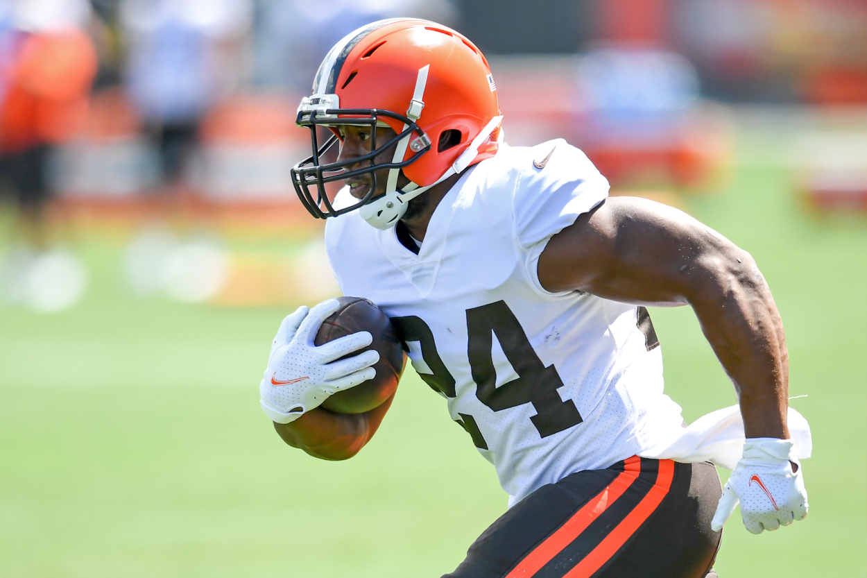 Nick Chubb runs a drill during training camp.