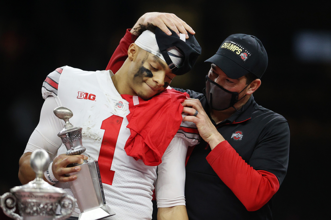 The former quarterback for the Ohio State football team, Justin Fields, and OSU head coach Ryan Day.