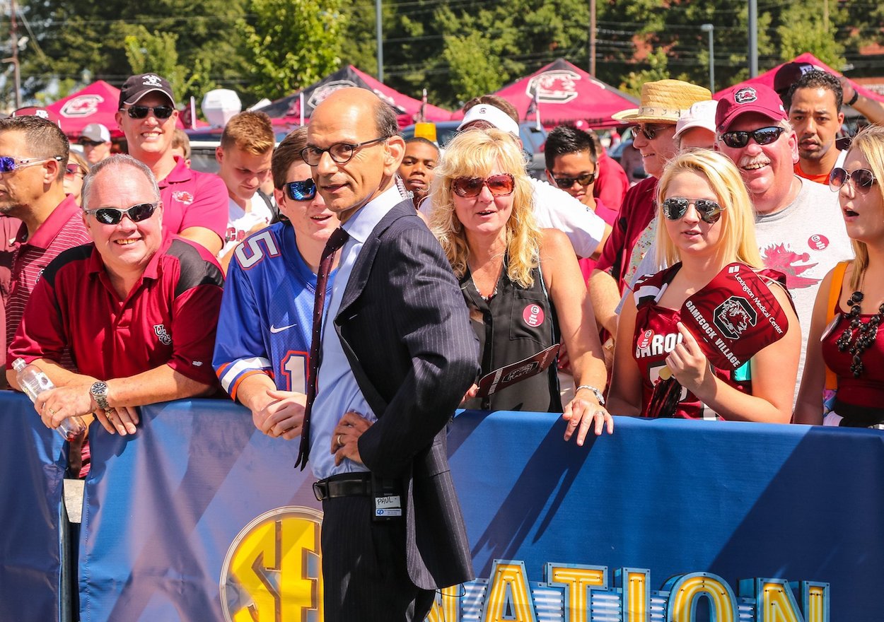 Paul Finebaum talks with fans gathered around the inaugural SEC Nation before South Carolina takes on Texas A&M on Thursday, Aug. 28, 2014.