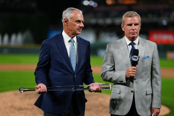 MLB Commissioner Rob Manfred hands out the MVP Award at the 2021 All-Star Game