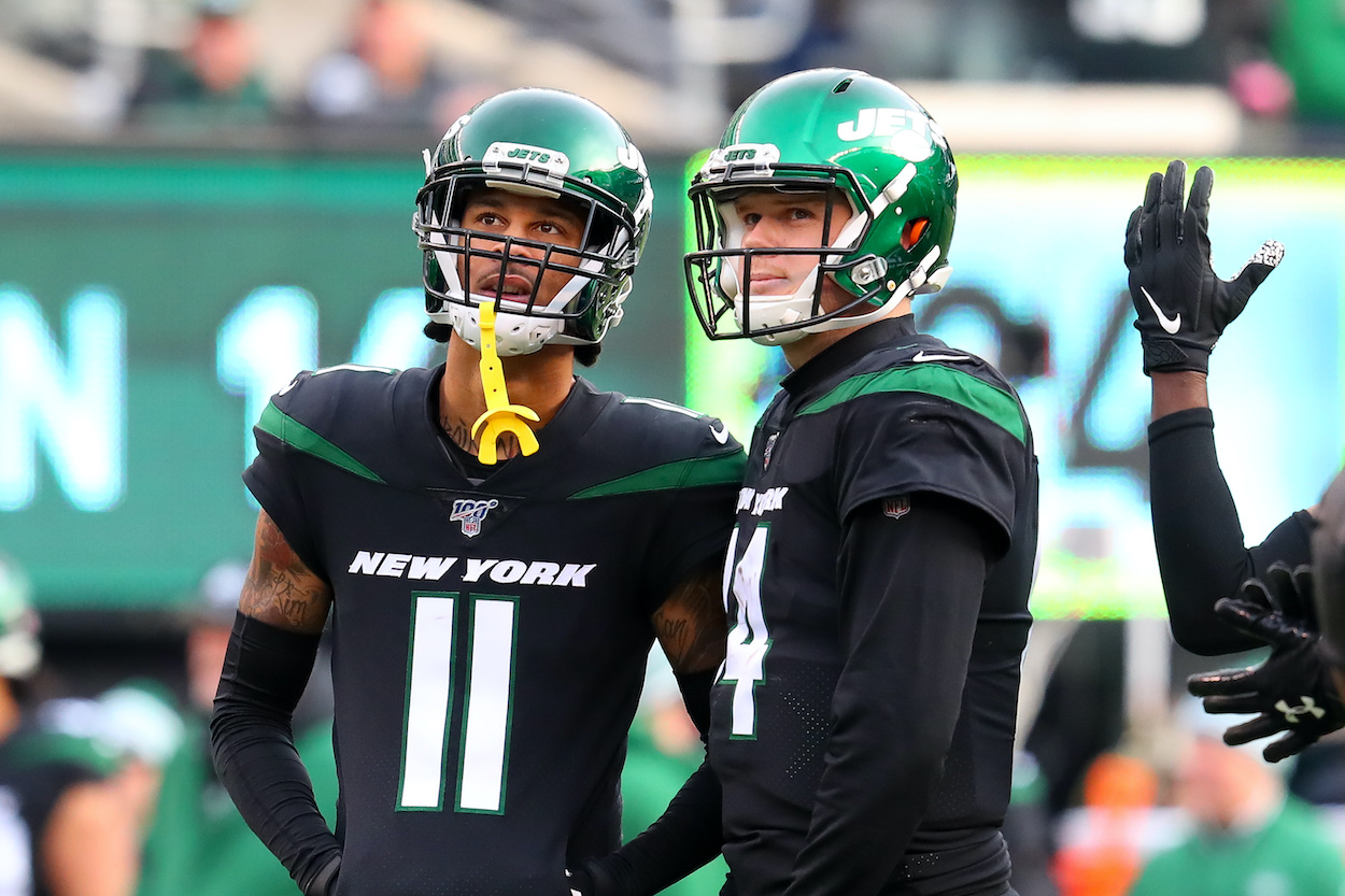 New York Jets wide receiver Robby Anderson and quarterback Sam Darnold, now teammates with the Carolina Panthers, look at the video board during the National Football League game between the New York Jets and the Miami Dolphins on December 8, 2019 at MetLife Stadium in East Rutherford, NJ.