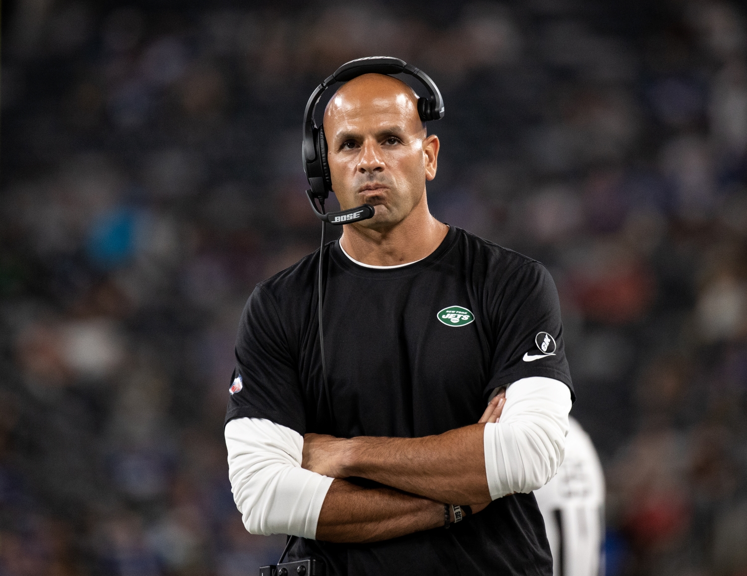 New York Jets head coach Robert Saleh watches his team play during a preseason game.