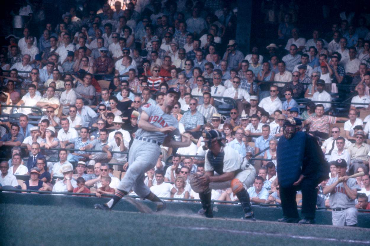 Rocky Colavito of the Cleveland Indians swings at the pitch.