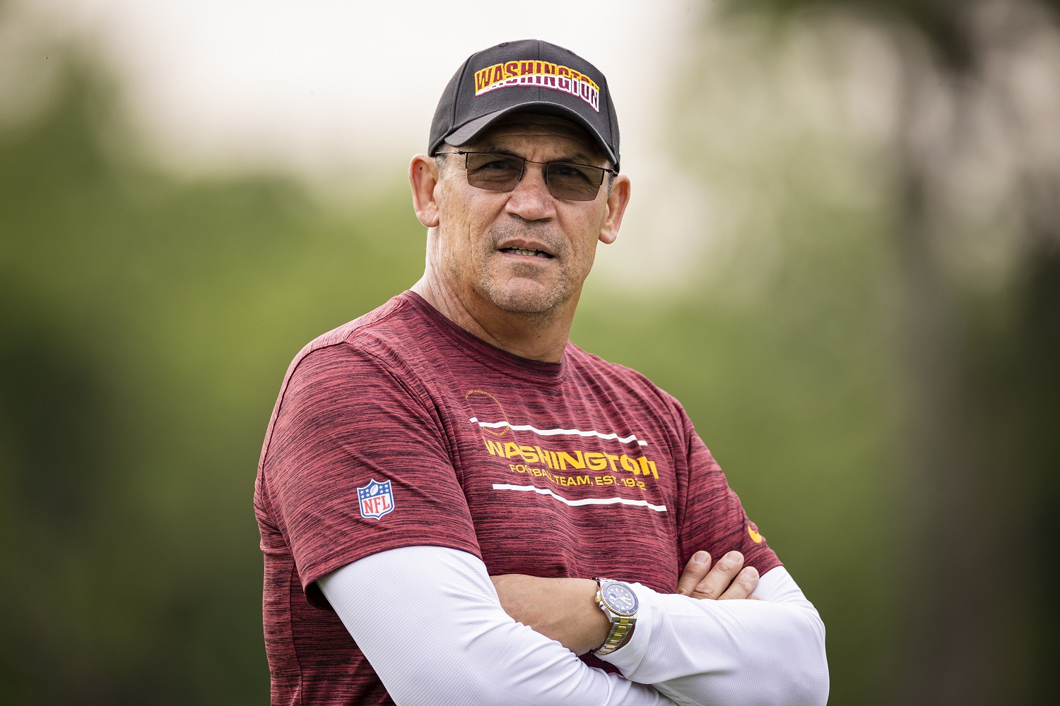 Head coach Ron Rivera of the Washington Football Team looks on during mandatory minicamp on June 9, 2021, in Ashburn, Virginia.