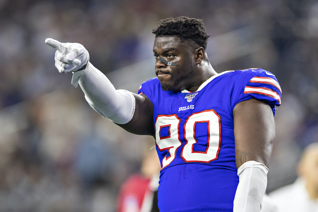 New York Jets DE Shaq Lawson. formerly of the Buffalo Bills, Miami Dolphins, and Houston Texans, gets the fans cheering during a game on Thanksgiving Day against the Dallas Cowboys at AT&T Stadium on November 28, 2019 in Arlington, Texas. The Bills defeated the Cowboys 26-15.