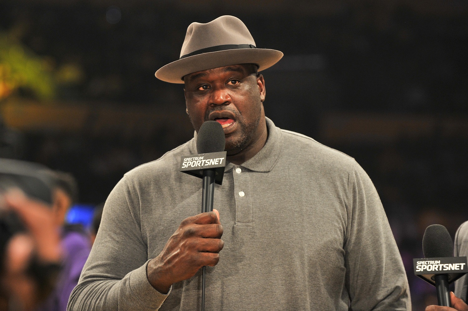 Shaquille O'Neal attends a basketball game between the Los Angeles Lakers and Golden State Warriors at Staples Center on Dec. 18, 2017.