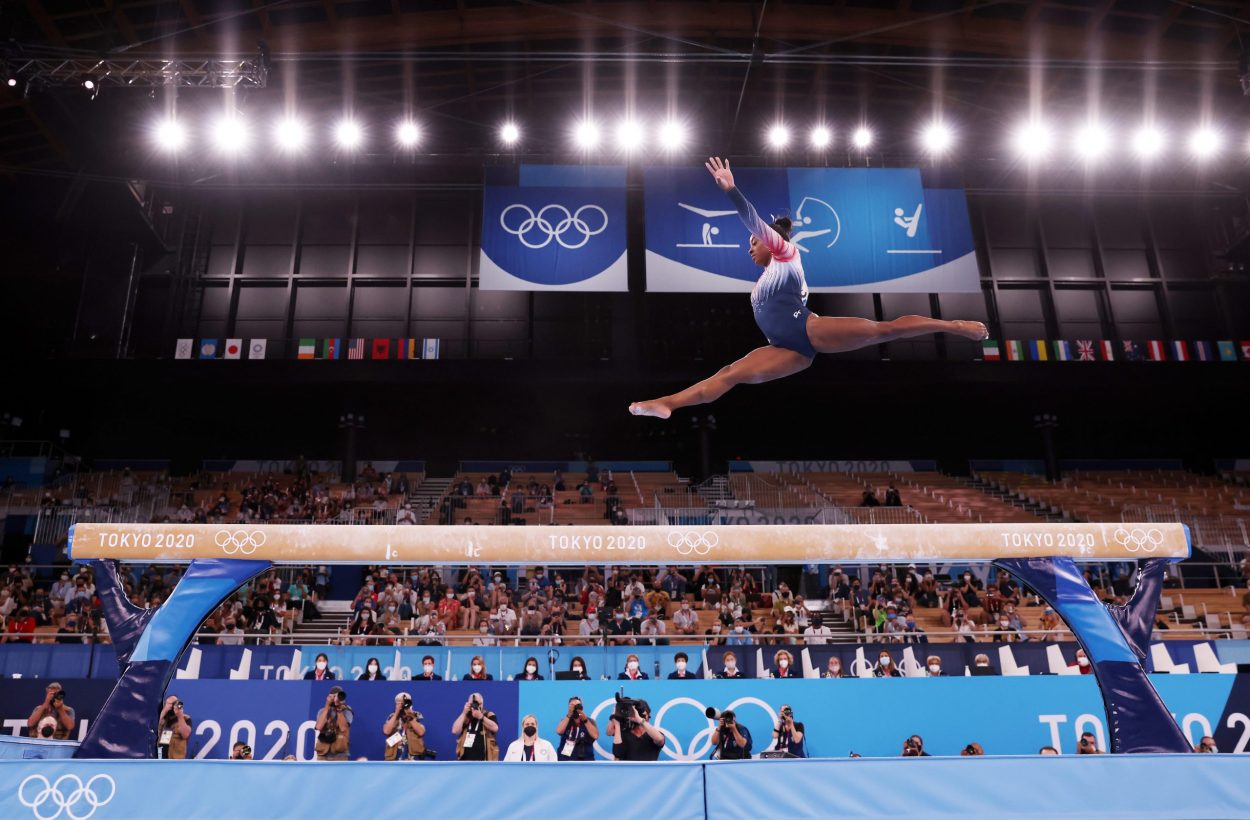 Simone Biles competes on the balance beam at the 2020 Tokyo Olympics
