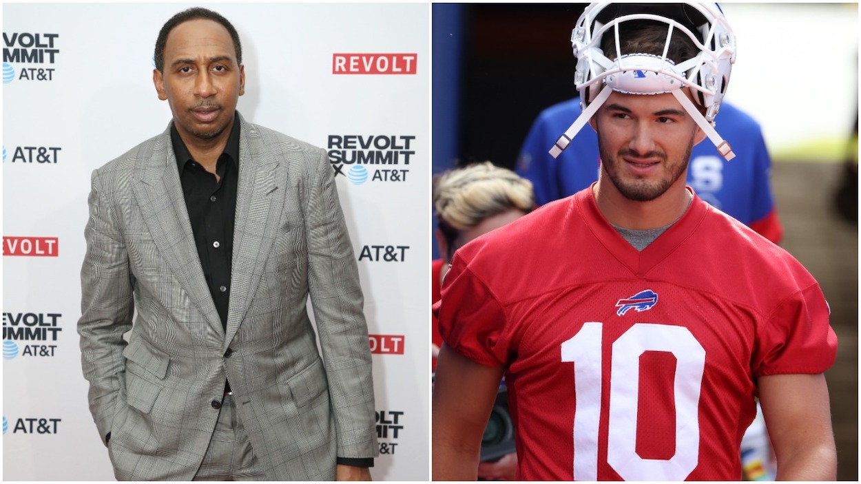 (L-R) Stephen A. Smith attends the REVOLT X AT&T Host REVOLT Summit In Los Angeles at Magic Box on October 27, 2019 in Los Angeles, California; Mitchell Trubisky of the Buffalo Bills makes his way to the field before training camp at Highmark Stadium on July 31, 2021 in Orchard Park, New York.