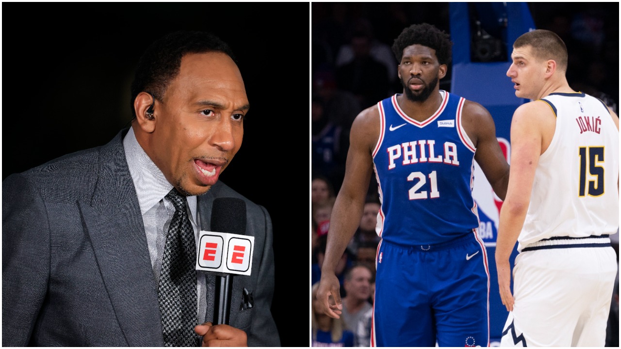 Stephen A Smith commenting on a NBA game; Joel Embiid facing off against Nikola Jokic