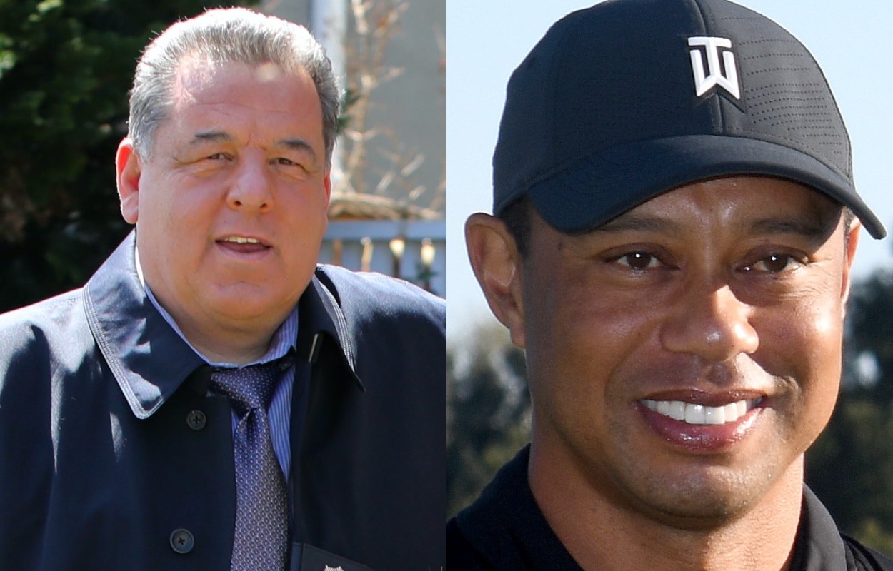 Steve Schrippa (L) and Tiger Woods.