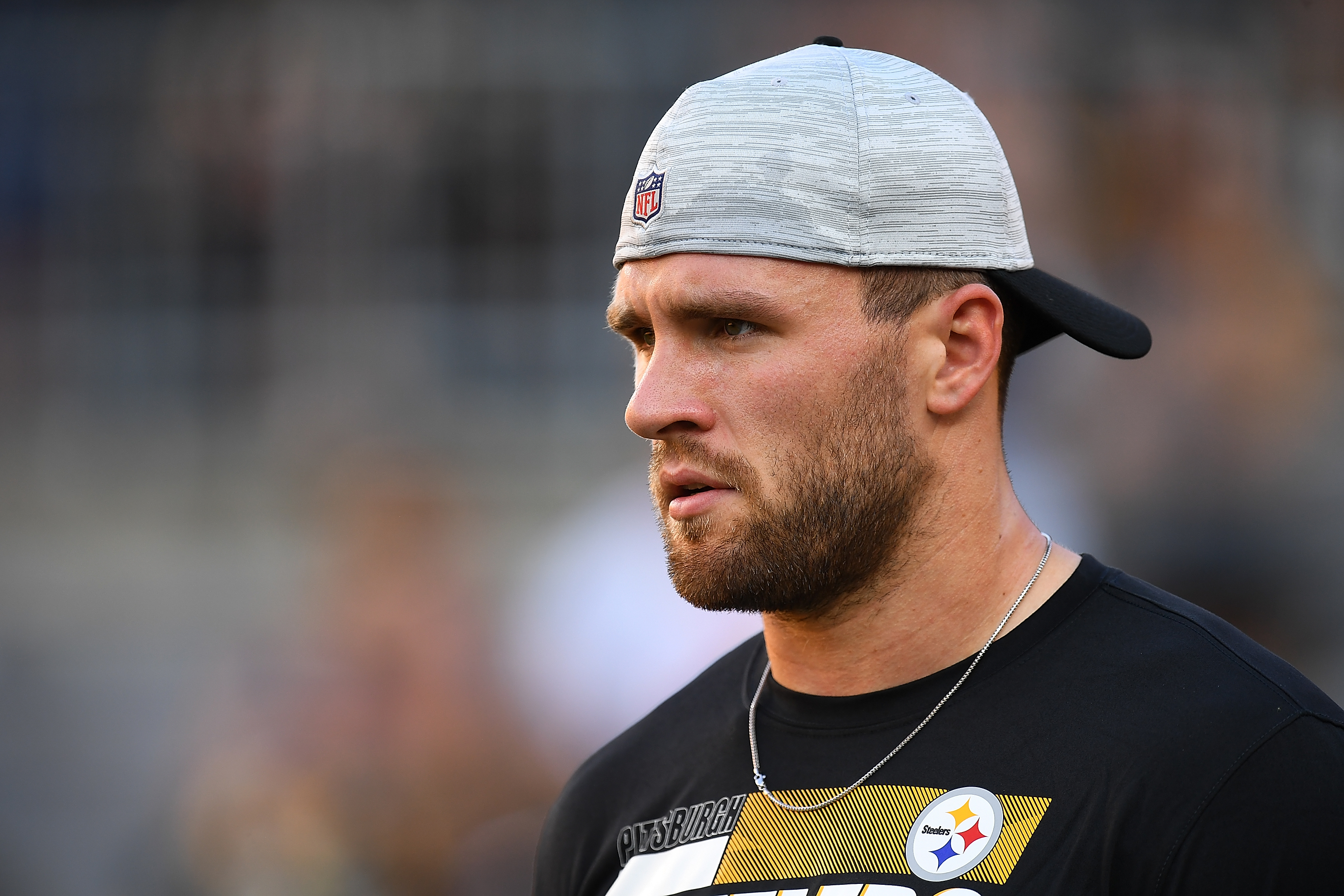 Steelers edge rusher T.J. Watt looks on during the team's preseason game against the Detroit Lions