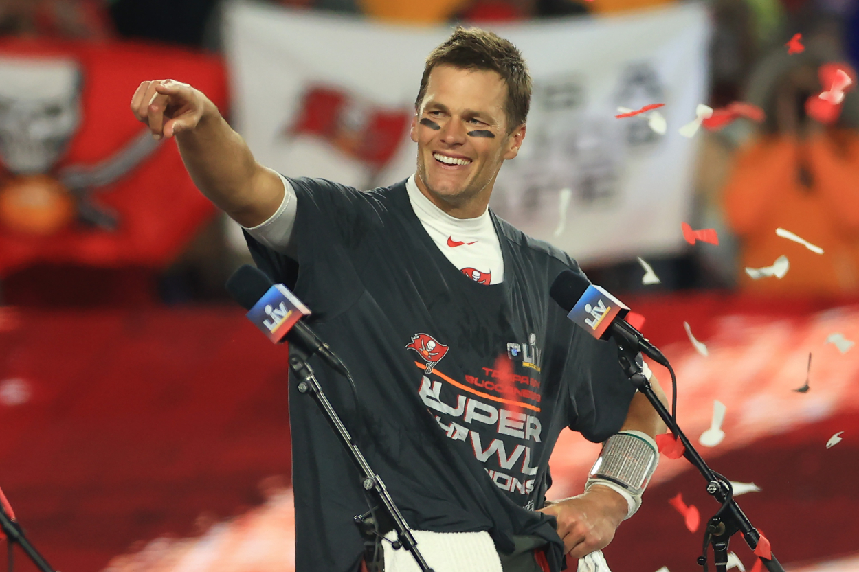 Tom Brady celebrating after winning Super Bowl 55 with the Tampa Bay Buccaneers.