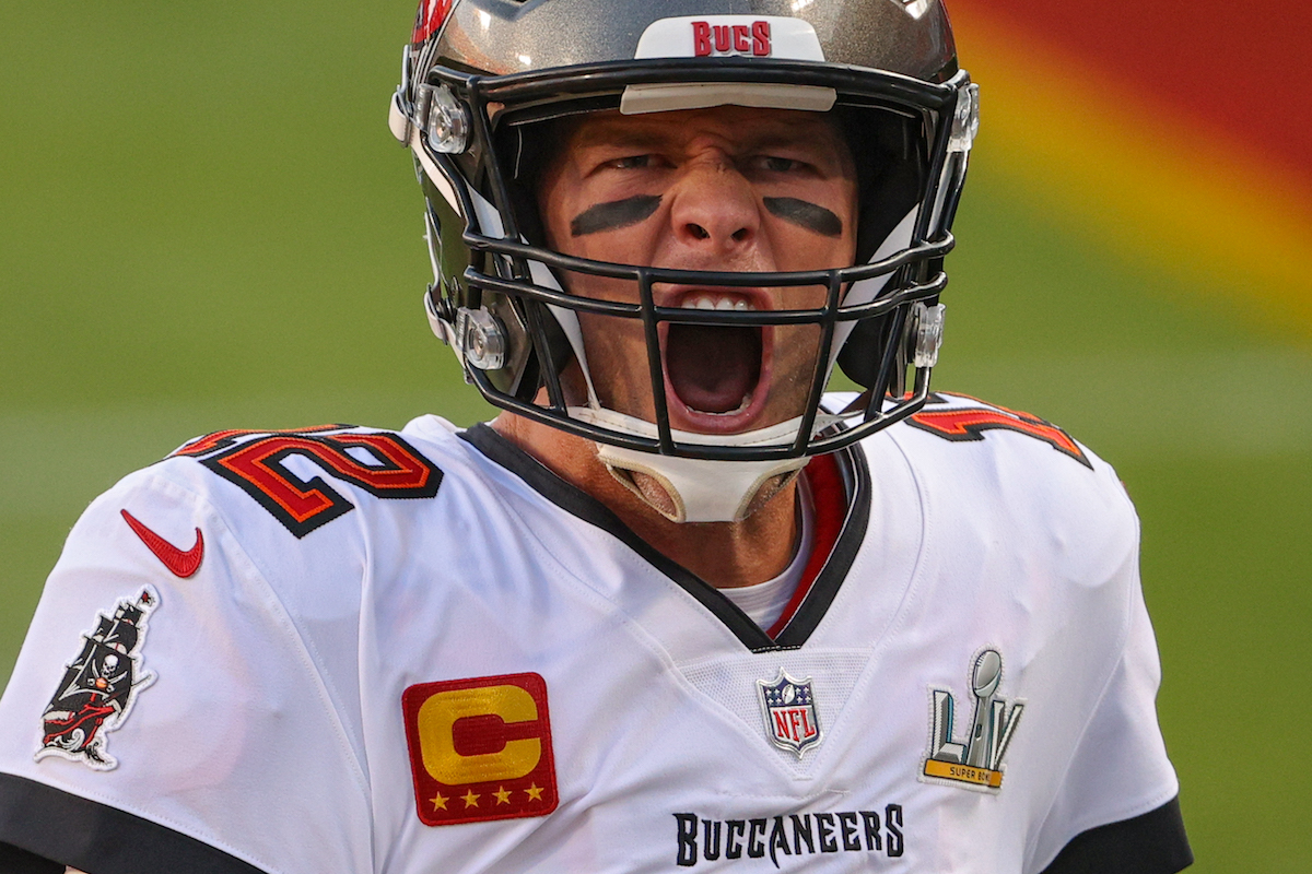 Tom Brady of the Tampa Bay Buccaneers yells as he takes the field in Super Bowl LV