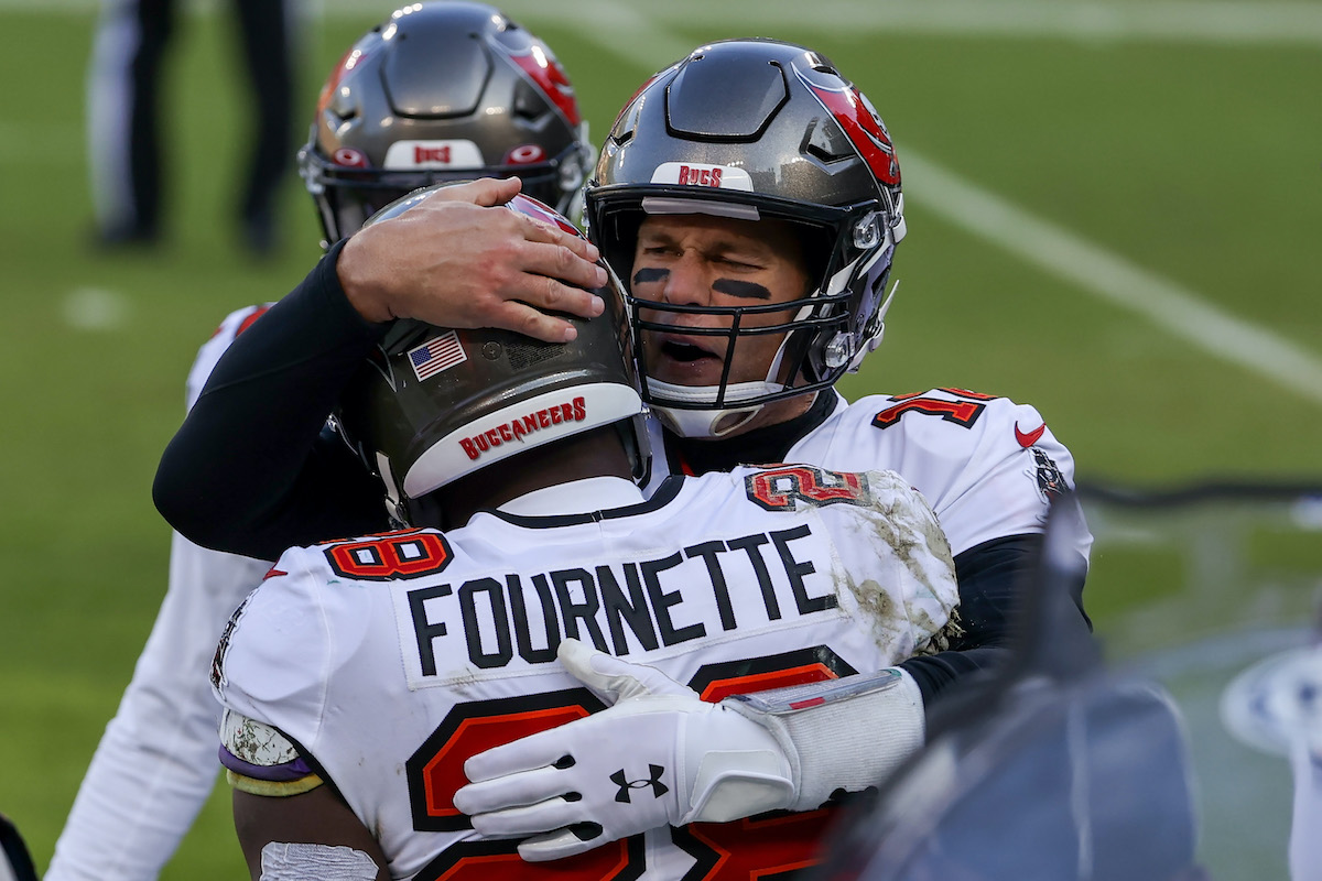 Leonard Fournette and Tom Brady of the Tampa Bay Buccaneers celebrate after a touchdown