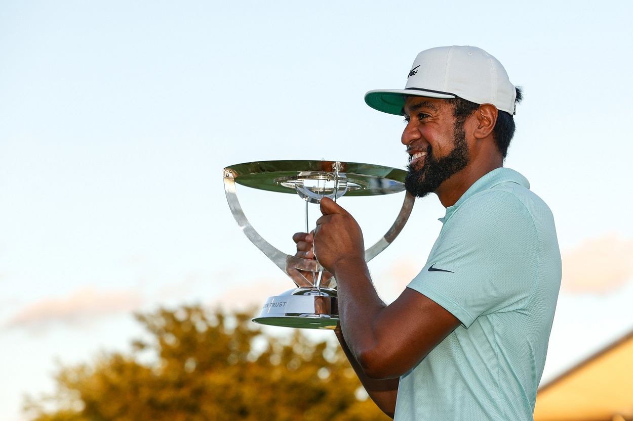 Tony Finau celebrates after winning the Northern Trust, the first leg of the 2021 PGA Tour FedEx Cup Playoffs