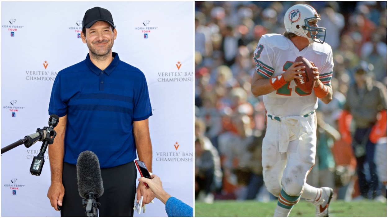 (L-R) Tony Romo is interviewed after finishing the rained delayed second round of the Korn Ferry Tour Veritex Bank Championship at the Texas Rangers Golf Club on April 24, 2021 in Arlington, Texas; Quarterback Dan Marino of the Miami Dolphins drops back to pass during the 1984 season AFC Championship game against the Pittsburgh Steelers on January 6, 1985 at the Orange Bowl in Miami, Florida.