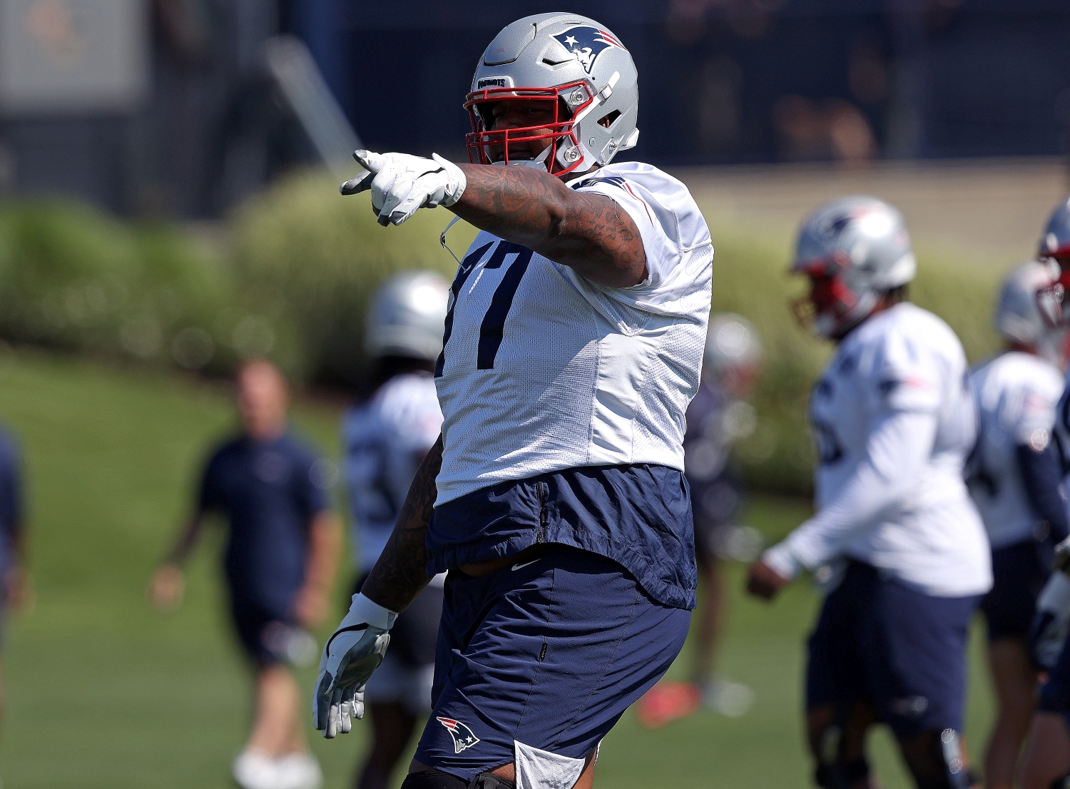 New England Patriots offensive tackle Trent Brown participating in training camp practice.