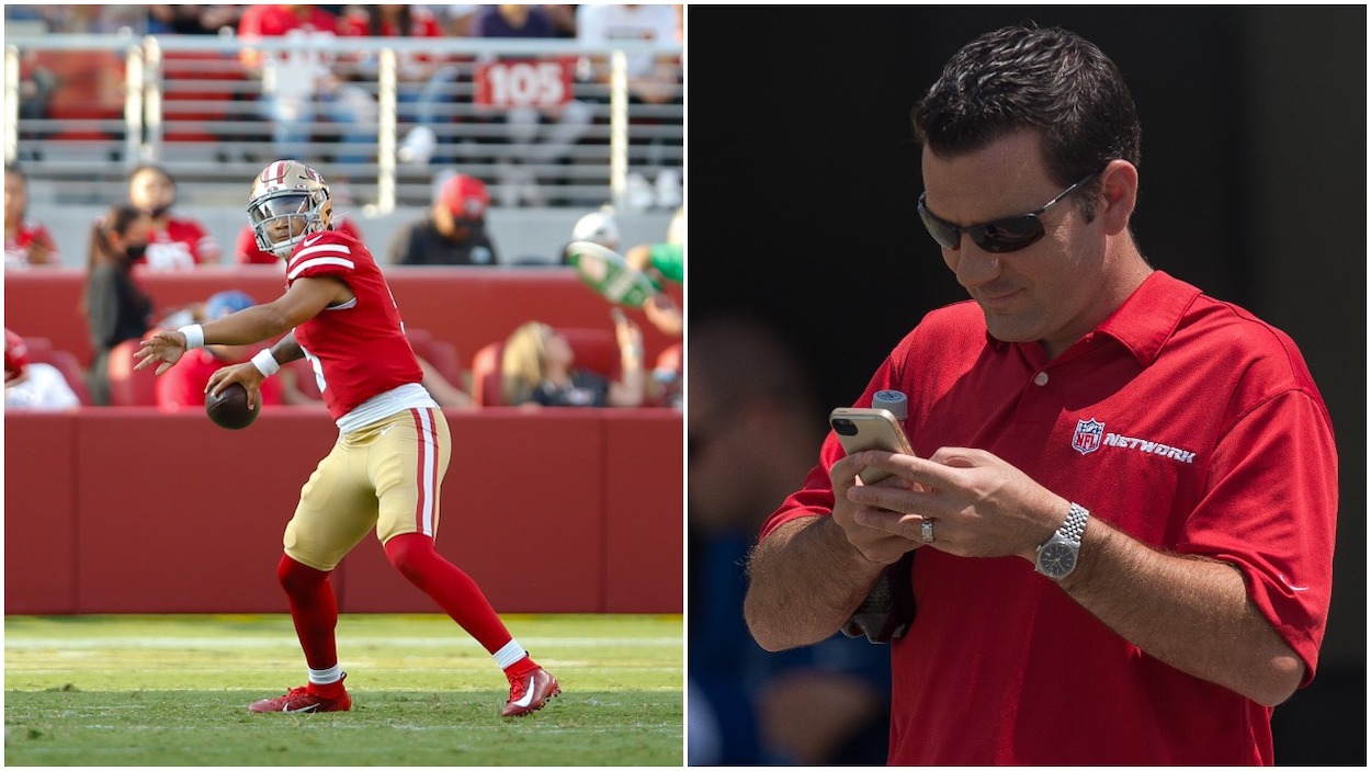 (L-R) Trey Lance of the San Francisco 49ers throws an 80-yard touchdown pass during the preseason game against the Kansas City Chiefs at Levi's Stadium on August 14, 2021 in Santa Clara, California; NFL Networks reporter Ian Rapoport checks his phone during the Indianapolis Colts Training Camp practice at Anderson University in Anderson, IN.