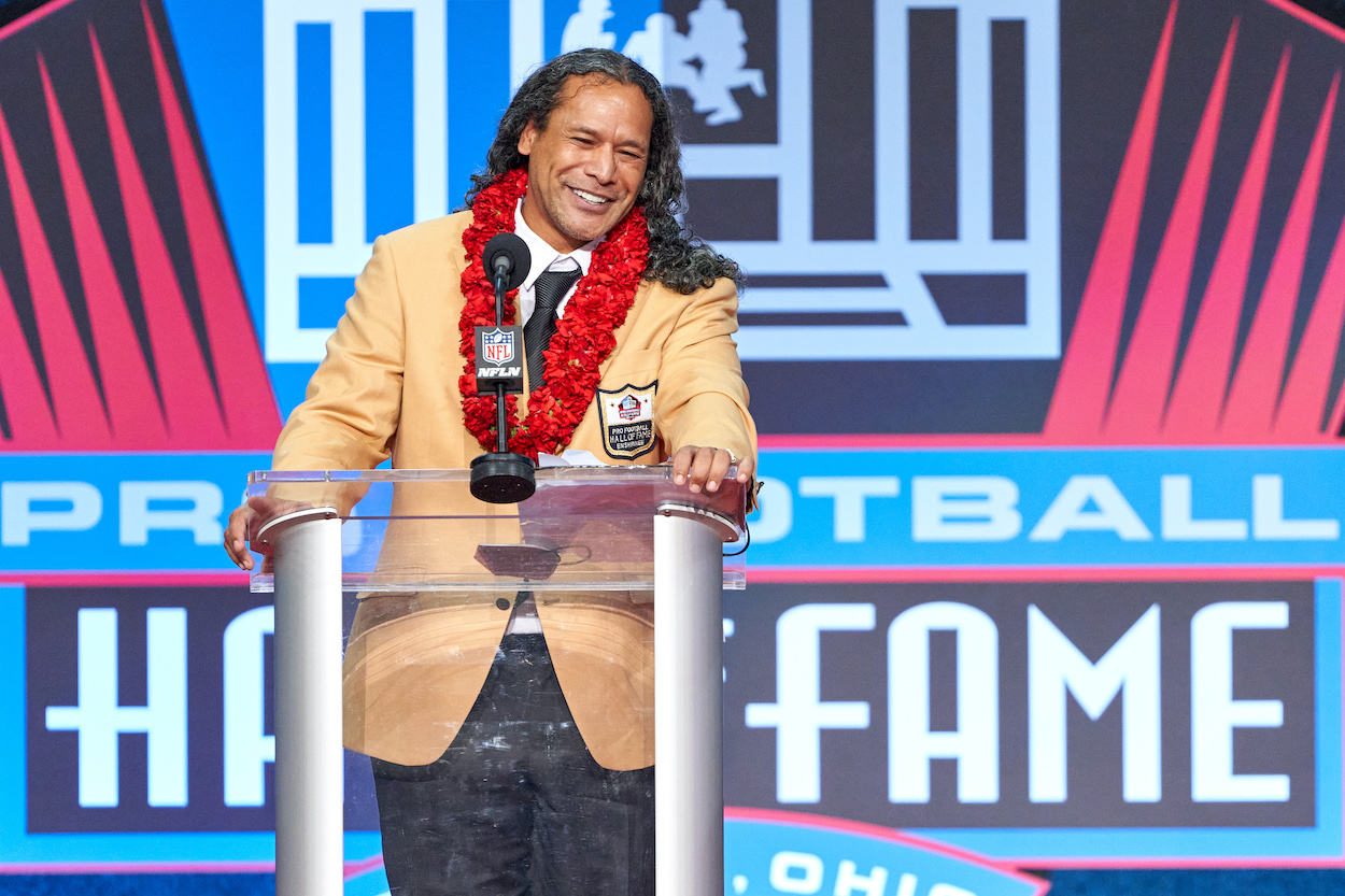 Class of 2020 member and former Pittsburgh Steelers safety Troy Polamalu speaks during the Pro Football HOF Centennial Class of 2020 enshrinement ceremonies on August 7, 2021 at Tom Benson Hall of Fame Stadium, in Canton, OH.