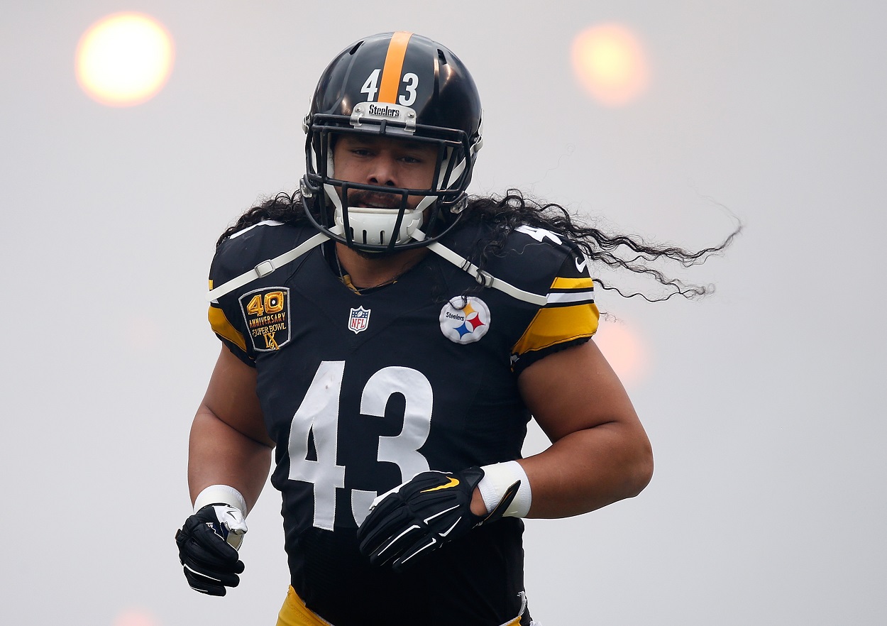 Troy Polamalu is introduced ahead of a Steelers-Saints matchup in November 2014