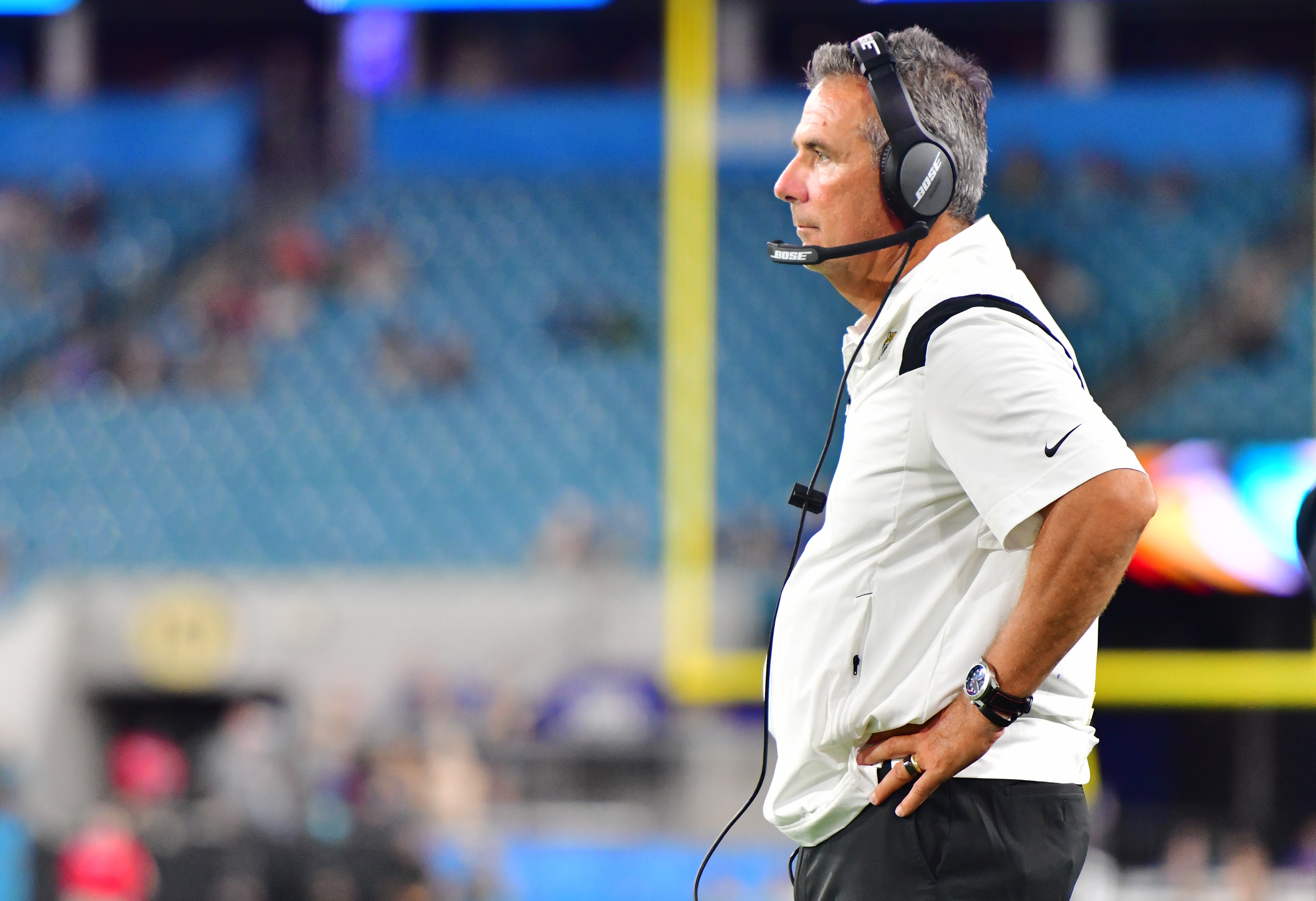 Jacksonville Jaguars head coach Urban Meyer looks on during the team's 2021 preseason opener.
