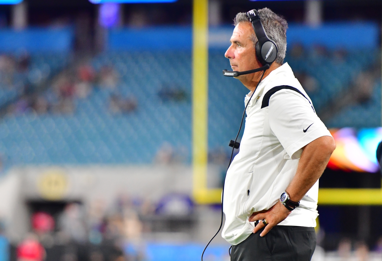 Jacksonville Jaguars head coach Urban Meyer watches his team play during a preseason game.