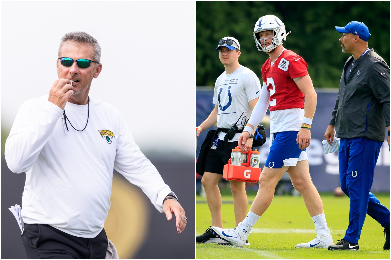 Jaguars head coach Urban Meyer blows his whistle during training camp practice as Indianapolis Colts quarterback Carson Wentz walks off the field.